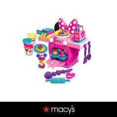 the toy kitchen playset is pink and has lots of accessories