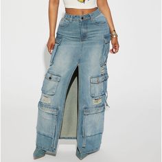 New Fashion Nova Distressed Cargo Maxi Denim Jean Skirt 2xl. Baggy High Rise Denim Skirt With Pockets, High Waist Denim Skirt In Medium Wash For Streetwear, High Waist Medium Wash Denim Skirt For Streetwear, High-waisted Medium Wash Denim Skirt For Streetwear, High Rise Denim Skirt In Medium Wash For Streetwear, High Rise Denim Skirt For Streetwear, Cutoff Denim Skirt For Streetwear, Distressed Denim Skirt, Denim Jean Skirt