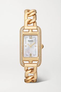 Defined by its streamlined, rectangular case, Hermès Timepiece's 'Nantucket' watch was designed by Henri d'Origny in 1991, inspired by the Maison's signature Chaîne d'Ancre motif. Made with exacting precision at the brand's Swiss workshop, this 17mm model is cast from 18-karat rose gold and dusted with illuminating diamonds around the elegant mother-of-pearl dial. A definitive classic, it's sure to become a treasured addition to your collection. -Movement - Swiss-made quartz movement Functions - Hermes Watch, Swiss Luxury Watches, Swiss Luxury, Rose Gold Case, Rose Gold Bracelet, Luxury Watches For Men, Rose Gold Diamonds, Schmuck Design, Nantucket