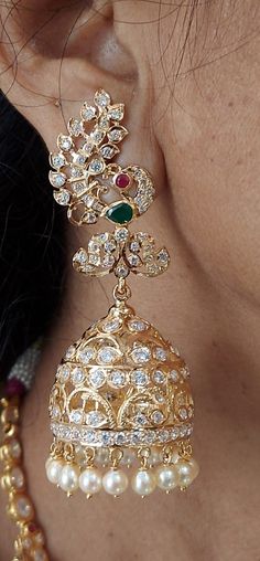 22 Karat Gold ' Peacock' Jhumkas (Buttalu) - Gold Dangle Earrings with Cz , Color Stones & Japanese Culture Pearls - 235-GJH2231 - in 40.150 Grams for USD $2904.99. 
Made in India by Totaram Jewelers Online this product is in Gold - 22 Karat BIS Hallmark 916 KDM Gold  & is an excellent gift for Adult - Women. Ships fully insured with secured guaranteed delivery for free with your order over $250 from New Jersey USA & comes with 30 days exchange policy. Stones Buttalu Gold, Bridal Buttalu Gold, Stone Buttalu Earrings Gold, Hand-set 22k Gold Jhumkas For Celebrations, 22k Gold Hand Set Jhumkas For Celebration, Bollywood Style 22k Gold Hand Set Jhumkas, Bollywood Style 22k Gold Jhumkas, Traditional 22k Gold Jhumkas With Peacock Design, Festive American Diamond Danglers With Intricate Design