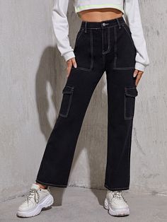 High Waist Flap Pocket Whip Stitch Cargo Jeans | EMERY ROSE Black High Waisted Jeans Outfit, Womens Black Cargo Pants, Whip Stitch, Black Cargo Pants, Jeans Cargo, Outfit Jeans, Pantalon Cargo, Women Denim Jeans, Cargo Jeans