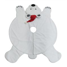 the polar bear is wearing a red scarf on its back and it's paws are in the air