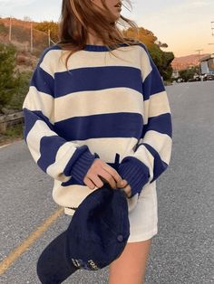 Striped Crew Neck Knit Sweater - AnotherChill Striped Knitted Sweater, Pullover Outfit, Retro Streetwear, Drop Shoulder Sweaters, Long Sleeve Knit Sweaters, Striped Sweater, Casual Fall, Long Sleeve Knit, Blue Sweaters