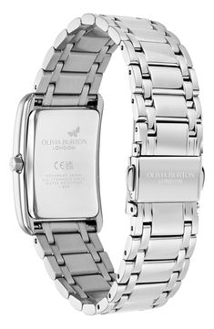 A minimalist dial adds streamlined elegance to a slim rectangular watch set on a gleaming bracelet for luxe appeal. 23mm case; 18mm band width Deployant clasp closure Quartz movement Stainless steel or stainless steel with goldtone plate Imported Classic Silver Rectangular Watch Accessories, Elegant Rectangular Watch With Polished Finish, Silver Rectangular Watch Accessories With Polished Finish, Rectangular Silver Watch Accessories With Polished Finish, Silver Rectangular Watch With Polished Finish, Elegant Square Watch Accessories For Business, Elegant Rectangular Watches With Bracelet Strap, Elegant Watches With Bracelet Strap And Rectangular Dial, Modern Rectangular Watch For Formal Occasions