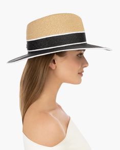 If you are looking for a women's designer packable sun hat for sale online to elevate your style and enhance your mood, look no further! The traditional fedora silhouette with indented crown and medium size brim is color blocked of Squishee® for a modern, eye-catching effect. All three striking spectator combinations are punctuated with white edges and a signature logo rivet at the back of the crown. This women's designer fedora hat looks fashionable, is packable, and provides unparalleled sun p Elegant Short Brim Boater Hat With Upf 50+, Elegant Boater Hat With Upf 50+ And Short Brim, Modern Curved Brim Hats For Summer, Spring Modern Fedora With Flat Brim, Modern Flat Brim Fedora For Spring, Modern Spring Fedora With Flat Brim, Modern Curved Brim Hats For Spring, Modern Spring Hats With Curved Brim, Modern Summer Hat With Curved Brim