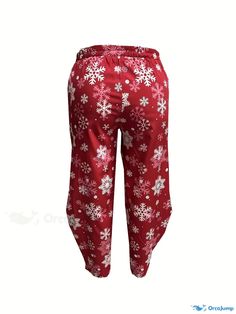 Orcajump - Plus Size Christmas Pants, Women's Plus Santa Claus & Reindeer & Snowflake Print Elastic High Rise Slight Stretch Wide Leg Trousers With Side Pockets Casual Christmas Holiday Bottoms, Red Holiday Long Pants, Holiday Red Long Pants, Red Long Pants For Holiday, Casual Christmas Holiday Pants, Casual Holiday Pants For Christmas, Casual Pants For Winter Holiday, Red Festive Bottoms For Winter, Red Festive Winter Bottoms