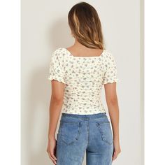 The short-sleeved tops will showcase your casual style with an all-over cute floral print. Floral print designs show off your elegance and glamour and add some highlights to your look. Style it with your favorite jeans and high heels for a casual and charming look. This is a summer cropped top feature with a ruched front, short sleeves, and a floral pattern to add some highlights to your look. Spring Short Sleeve Tops With All Over Print, Feminine Fitted Short Sleeve Top For Summer, White Ditsy Floral Print Short Sleeve Top, Floral Print Short Sleeve Tops For Day Out, Casual Fitted Blouse With All Over Print, Casual Ditsy Floral Print Short Sleeve Blouse, Casual Short Sleeve Ditsy Floral Blouse, Casual Short Sleeve Blouse With Ditsy Floral Print, White Short Sleeve Blouse With Ditsy Floral Print