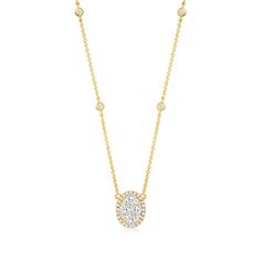 Ross-Simons - .67ct t. w. Diamond Oval Cluster Necklace in 14kt Yellow Gold. 18". Outfits of any season, style or era will equally enjoy the company of this beautiful necklace. A total of .67 ct. t. w. round brilliant-cut diamonds present themselves as a sparkling oval-shaped cluster and bezel-set embellishments that trace upwards along the 14kt yellow gold cable chain. Lobster clasp, diamond oval cluster necklace. Diamond birthstones are the perfect gift for April birthdays. Classic Oval Diamond Necklace With Halo Setting, Classic Gold Oval Diamond Necklace, Classic Oval Necklace With Pave Setting, Classic Diamond Necklace With Oval Link, Classic Yellow Gold Diamond Necklace With Halo Setting, Fine Jewelry Oval Diamond Necklace With Single Cut Diamonds, Oval Diamond Necklace With Halo Setting, Oval Diamond Necklace With Single Cut Diamonds, Oval Diamond Necklace In 14k Gold For Formal Occasions