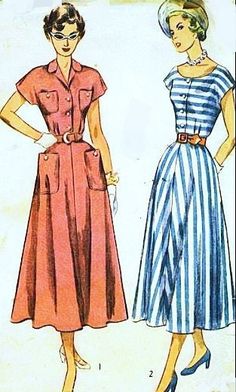 two women's dresses, one in blue and the other in red with white stripes