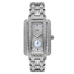 The eccentrically classic Mink gets the Platinum treatment with 505 genuine diamonds individually set on the bezel, dial, case, crown, and bracelet, totaling 2.53 carats. The feminine design reaches new heights of elegance with diamond-covered lugs sweeping over the crystal face, 13 genuine blue sapphires marking the hours on a fan-texture dial, one large radiant sapphire set on the crown, and a mother-of-pearl sub dial. A limited edition heirloom, the Mink PS is crafted in durable rhodium plate Diamond Watches Women, Watch Dial, The Hours, Electronic Gifts, Women Diamond, Cool Tones, Diamond Watch, Stainless Steel Band, Watch Sale