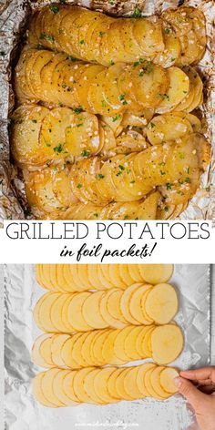 grilled potatoes in foil packets with text overlay