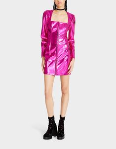 STACY MINI DRESS PINK | Metallic Dresses – Betsey Johnson Square Neckline Long Sleeve, Metallic Dresses, Betsey Johnson Clothes, Mini Dress Pink, Betsey Johnson Dresses, Pink Metallic, Metallic Dress, Break Out, Pink Mini Dresses