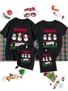 Matching Christmas Outfits Mother & Young Girl, Black Round Neck Tee With Funny 3 Snowmen Print, Casual And Fashionable For Christmas Family Party (4pcs Sold Separately) Black   Short Sleeve Knitted Fabric Cartoon,Christmas,Letter  Slight Stretch  Young Girls Clothing, size features are:Bust: ,Length: ,Sleeve Length: Christmas Family Party, Matching Christmas Outfits, Toddler Christmas Outfit, Family Matching Christmas, Christmas Tee Shirts, Family Christmas Shirts, Round Neck Tees, Tee Shirt Designs, Long Sleeve Tee Shirts