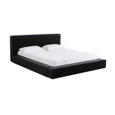 a black bed frame with white sheets and pillows