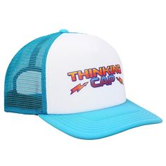 Show off your love for your favorite Netflix TV series with this Stranger Things Netflix series blue & white thinking hat trucker hat! The Netflix Stranger Things TV series fan accessory is a blue and white trucker hat made of 100% high-quality polyester material and is able to easily fit most sizes with the adjustable band in the back of the hat. The Stranger Things TV series fan merchandise features a bold, graphic print of the text, Thinking Cap, against a white background on the front of the Blue Trucker Hat With Letter Print And Curved Brim, Blue Snapback Trucker Hat With Letter Print, Blue Snapback Hat With Letter Print And Flat Brim, Blue Fun Style Snapback Hat, Blue Flat Brim Hat With Letter Print, Blue Trucker Snapback Hat With Letter Print, Blue Trucker Hat With Letter Print, Fun Blue Trucker Hat With Letter Print, Blue Retro Trucker Hat For Streetwear