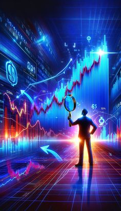 a man holding a magnifying glass standing in front of a stock market chart