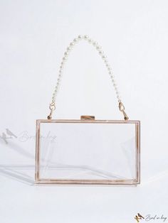 Bird in Bag - Pearl-Adorned Transparent Box Clutch Bag - Versatile Shoulder, Crossbody, and Hand Bag for Women, Featuring Ample Room for Mobile Phone and Lipstick Trendy Rectangular Case Clutch For Shopping, Gold Rectangular Bag With Clear Strap, Trendy Rectangular Clutch For Shopping, Rectangular Clear Shoulder Bag For Shopping, Clear Rectangular Shoulder Bag For Gift, Clear Rectangular Shoulder Bag Gift, Rectangular Clear Shoulder Bag For Gift, Rectangular Box Bag For Gifts, Square Bag With Clear Strap Gift