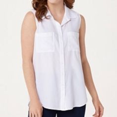 Color White Features: Sleeveless, Button-Front Closure, Two Chest Pockets, Hi-Low Curved Hem, Back Yoke, Center Back Seam With Functional Buttons At The Bottom Fit: Semi-Fitted; Follows The Lines Of The Body With Added Wearing Ease Length: Missy Length 27-1/2" To 29-5/8"; Plus Length 30" To 31-3/4" Content: 100% Lyocell Box 27 Casual Sleeveless Everyday Blouse, Casual Sleeveless Blouse For Everyday, Everyday Sleeveless Tops With Buttons, Sleeveless Tops With Buttons For Everyday, Button-up Tank Top For Day Out, Sleeveless Blouse With Button Closure For Daytime, Sleeveless Blouse With Button Closure For Daywear, Sleeveless Blouse With Pockets For Summer, Everyday Sleeveless Blouse For Spring