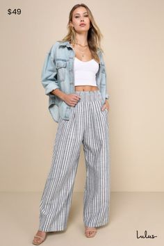 From Venice to Venice Beach, the Lulus Breezy Getaway Blue and White Striped Linen Wide-Leg Pants were made for sunny adventures! Crisp linen-blend fabric shapes these essential pants that have a classic striped pattern and a high, smocked waist for maximum comfort. Side seam pockets accent wide legs that finish at full-length hems. Fit: This garment fits true to size. Length: Floor length. Size medium Inseam: 30.25 Front Rise: 11.25 Waist: Fitted - elastic waist allows stretch. Hip: Loosely Fit Blue And White Striped Pants Outfit, Wide Leg Pants Street Style, White Striped Pants Outfit, Striped Linen Pants Outfit, Cotton Pants Outfit, White Linen Pants Outfit, Stripe Pants Outfit, Linen Pants Style, Linen Pants Outfit