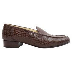 Brown croc skin loafers by Luciano Barbera. Stacked heels. 1" heel height. Luciano Barbera, Loafers Shoes, Shoes Brown, Stacked Heel, Loafer Shoes, Heel Height, Loafers, Fashion Accessories, Skin