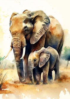 an elephant and her baby are standing in the dirt with watercolor paint on it