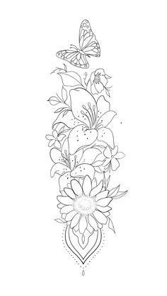 a line drawing of flowers and butterflies