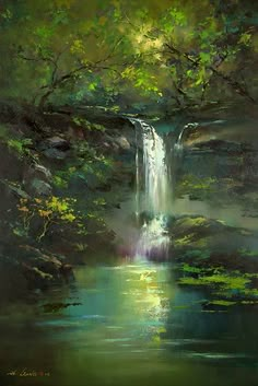 an oil painting of a waterfall in the woods