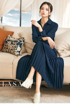 Lasaky - Chic and Stylish Autumn Long Sleeve A-Line Dress with Pleated Long Skirt Skirt Office Wear, Long Skirt Casual, Outfit Elegantes, Long Sleeve Fitted Dress, Color Skirt, Pleated Long Skirt, Cellulose Acetate, Korean Dress, Skirt Skirt