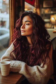 Boho Brunette Hair, Dyed Red Hair Aesthetic, Dark To Red Hair, Dark Red Hair Blue Eyes, Fall Hair Ideas For Blondes, Red Hair Dark Skin, Hair Ideas For Blondes, Scarlet Red Hair, Dark Red Hair Color Ideas