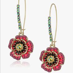 Betsey Johnson Dangle Earrings Featuring Long Ear Wire With Iridescent Stones And Pink Rose Drop Embellished With Delicate Mixed Stone Accents. Earrings Are Set In Gold-Tone Metal With A Shepherds Hook Closure. Gold-Tone Metal With Glass And Enamel Length: 2.25" Width: 0.8" Shepherds Hook Closure Pink Flower-shaped Evening Jewelry, Spring Party Jewelry With Matching Earrings, Party Flower Earrings, Pink Flower-shaped Metal Earrings, Rose Red Flower-shaped Earrings, Pink Flower Metal Earrings, Rose Red Flower Drop Earrings, Red Flower Earrings With Ear Wire For Party, Pink Flower Earrings For Evening