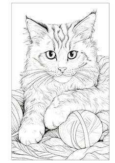 a black and white drawing of a cat with balls of yarn in front of it