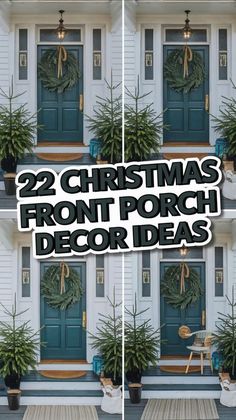 the front porch decorated for christmas with wreaths and potted plants