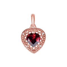 A Heart-Shaped Garnet and Diamond Filigree Charm Pendant Necklace is a stunning piece of jewelry that combines the rich, deep red hue of garnet with the dazzling sparkle of diamonds. The filigree design adds an element of intricate beauty, making this pendant a perfect gift for a loved one or a cherished addition to your own jewelry collection. Product Information • Metal: 10k or 14k in Yellow/Rose/White Gold• Weight: 10k - 1.3 g. | 14k - 1.4 g. • Dimensions: 0.7" inches x 0.5" inches • Center Stone: Genuine Garnet, Heart-Shaped, 7 x 7 mm, 1.2 cts (approx.) • Side Stones: Diamond, Round-Shaped, 1 mm, 0.20 cts (approx.)• Chain: Rolo Chain with Spring Ring Clasp - 1 g. SKU: QM1759 Garnet Heart, Charm Pendant Necklace, Filigree Design, Rolo Chain, Yellow Roses, Yellow Rose, Deep Red, Spring Rings, Charm Pendant