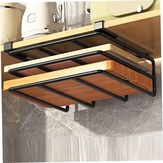 a kitchen shelf that has some drawers underneath it