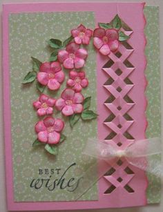 a card with pink flowers on it and the words best wishes written in white lettering