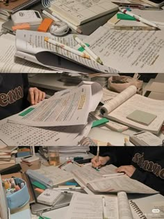 two women sitting at a desk covered in books and papers with writing utensils on them