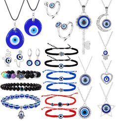 PRICES MAY VARY. 【Affordable Jewelry Set】The package contains 9 pieces of evil eye pendant necklaces, 9 pieces of evil eye bracelets , 1 pair of evil eye earrings,2 pieces of evil eye rings and 2peices of evil eye nose rings .More choices for your daily wearing. Sufficient quantity are provided for you to wear, replace or share with friends, family or relatives. 【Symbolic Meaning】The evil eye pendant means protection in Turkish and Greek culture. This kind of bracelets and necklaces are consider Heart Eye Necklace Clay, Evil Eye Nose Rings, Wood Necklace Men, Evil Eye Rings, Eye Rings, Handmade Evil Eye, Lucky Blue, Bracelets With Meaning, Evil Eye Earrings