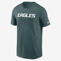 The Philadelphia Eagles Primetime Wordmark Essential T-Shirt sets you up for game day with soft cotton fabric and team details across the chest. Nike T-shirt For Football Season Sports Events, Nike T-shirt With Team Logo For Football Season, Nike T-shirt For Football Season Game Day, Nike T-shirt With Team Name For Game Day, Nike T-shirt For Game Day With Team Spirit, Nike Game Day T-shirt With Team Spirit, Nike Team Spirit T-shirt For Game Day, Nike T-shirt For Sports Fans, Green Crew Neck Top With Team Logo