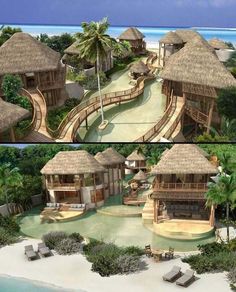 an aerial view of a tropical resort with thatched roofs and palm trees on the beach