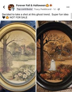 two pictures one has a ghost and the other is a house with pumpkins on it