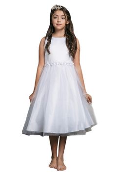 First Communion Dress - Petite Adele Little Girls White Flower Waistline Satin Dress 2-6 - SophiasStyle.com Spring Satin Dress For Dress-up Occasions, Spring First Communion Dress With Bow, Spring A-line Dress For Confirmation, White Dresses With Satin Bow For Spring, White Spring Dresses With Satin Bow, White Satin Bow Dress For Spring, White Spring Dress With Satin Bow, Spring Satin Dress With Satin Bow, Fitted Dress With Bow For Confirmation