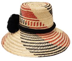 These hats are handmade by the men of the Wayuu tribe, both in Colombia and Venezuela. Iraca palm fiber is treated and dyed, and it takes around 8 hours of work to make. Because of the way they are weaved, the hats can be made smaller or wider, which makes them fit many heads. They can be worn fully down (to protect your face), front down and back up, or totally up. Pompoms are very important in the Wayuu culture. Bigger pompoms mean that you have financial comfort. This hat measures about 21in Artisan Handwoven Hat With Curved Brim, Handwoven Natural Bucket Hat, Artisan Woven Short Brim Sun Hat, Traditional Handwoven Straw Hat For Beach, Traditional Handwoven Straw Beach Hat, Artisan Handwoven Sun Hat For Vacation, Handwoven Natural Fiber Hats, Handwoven Palm Leaf Flat Brim Hat, Natural Handwoven Fiber Hats