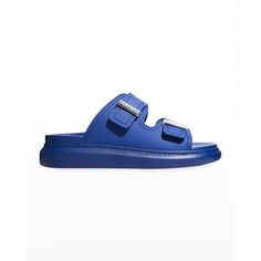 Alexander McQueen oversized rubber pool sandals. Flat chunky heel. Open toe. Dual buckle upper. Slide style. Molded comfort footbed. Rubber sole. Made in Italy. Pool Sandals, Sandals Flat, Monogrammed Items, Chunky Heel, Slide Sandals, Chunky Heels, Neiman Marcus, Alexander Mcqueen, Open Toe