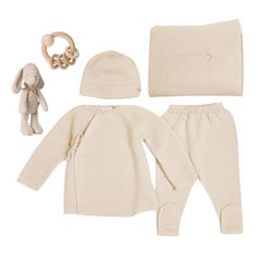 Luxury Baby Gift Box featuring Paz Rodriguez in natural – Bonjour Baby Baskets - Luxury Baby Gifts Maileg Bunny, Wooden Rattle, Kimono Style Tops