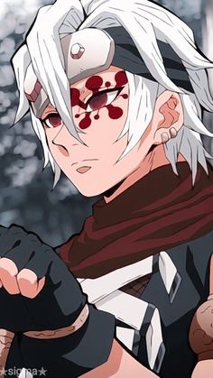 an anime character with white hair and blood on his face