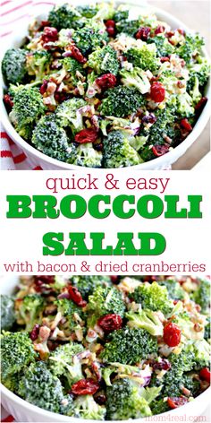 broccoli salad with bacon and dried cranberries in a white bowl