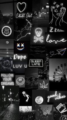 black and white collage with neon signs