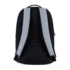 a black and grey backpack with white trims on the front, two tone straps