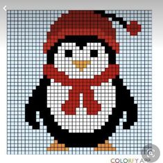 a penguin with a red hat and scarf on it's head is shown in the cross stitch pattern