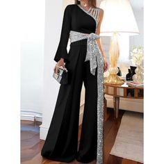 Women's Jumpsuit Lace Up Print One Shoulder Elegant Party Cocktail Party Regular Fit Long Sleeve Material Is Polyester And Cotton Jumpsuits Summer, 2 Piece Jumpsuit, Sequin Suit, Evening Jumpsuit, Loose Jumpsuit, Summer Streetwear, فستان سهرة, Jumpsuit Party, Elegant Party